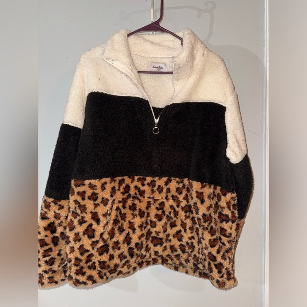 Colorblock Sherpa Half-Zip Jacket - Cream, Black & Brown Leopard
